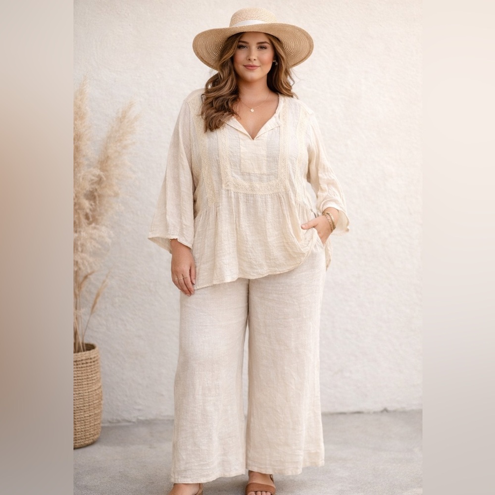 Spense Woman 2X Cream Boho Crotchet Trim Top Cottagecore Spring Top
